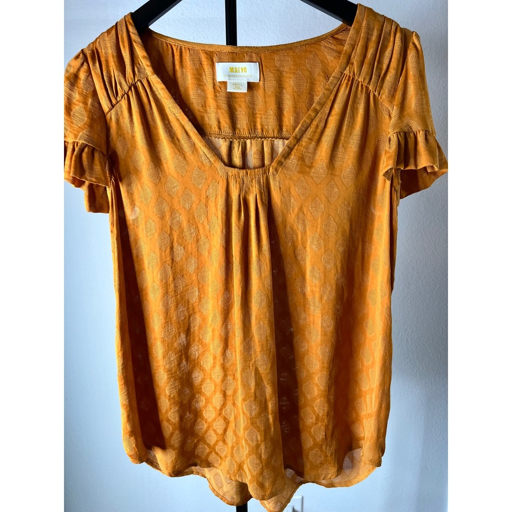 Maeve Anthropologie Mustard Yellow Ruffle Sleeve Jacquard V-Neck Blouse Small